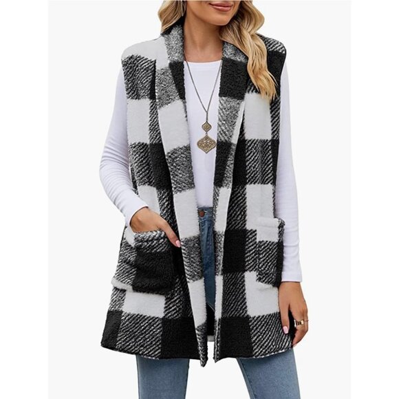 Black Plaid Print Faux Fur Oversized Open Front Sleeveless Vest Cardigan Sweater - Picture 6 of 6